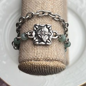 Lucky Brand 2 Strand Silver Tone Teal Beaded  Bracelet 4 Leaf Clover Charm